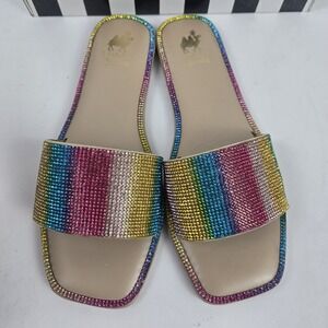 Camel Threads XO Cosmo Striped Rhinestone Slides Open Toe Flats Womens 9 NIB $48
